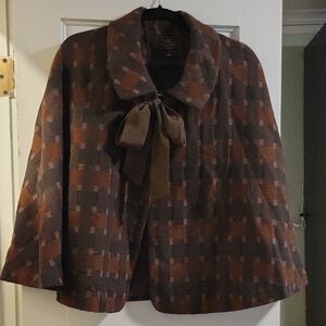 Tocca Brown Plaid Wool Silk Woven Cape - S